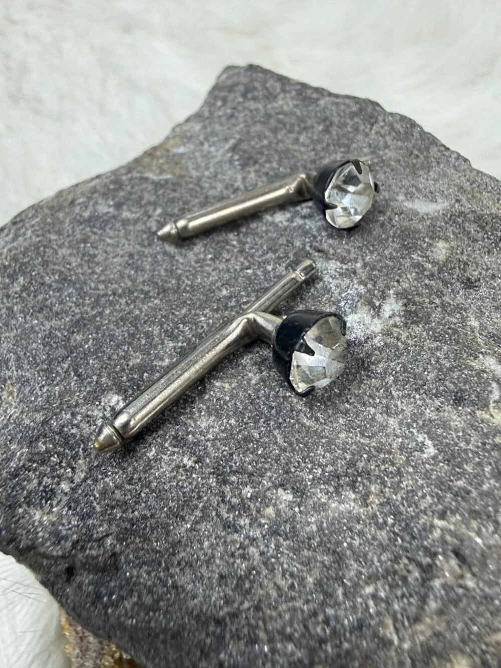 Vintage Black Metal & Silver Tone w/ Clear Rhinestone Shirt Studs